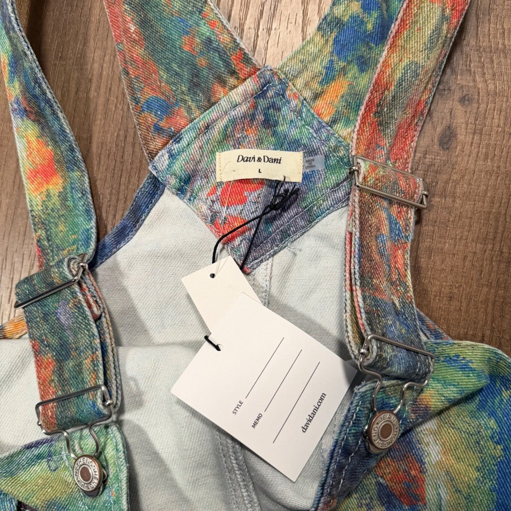 NWT Davi & Dani From The Ground Up Denim Overalls L Abstract Paint Wide Barrel - Picture 4 of 10